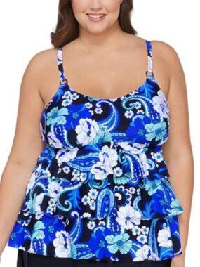 Island Escape Tiered Underwire Tankini Top Black Blue Multi Floral Size 16W NWT